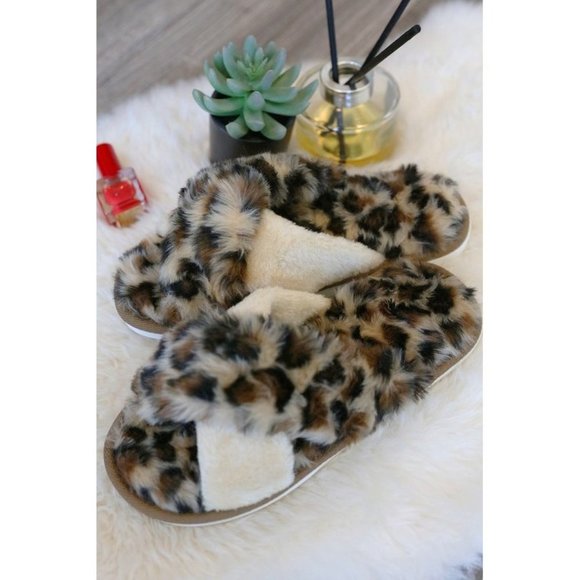 Fur Leopard Slippers Brown & Tan - Picture 7 of 10